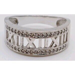Sterling Silver Roman Numeral Cubic Zirconia Accented Band Ring 925 Size 10